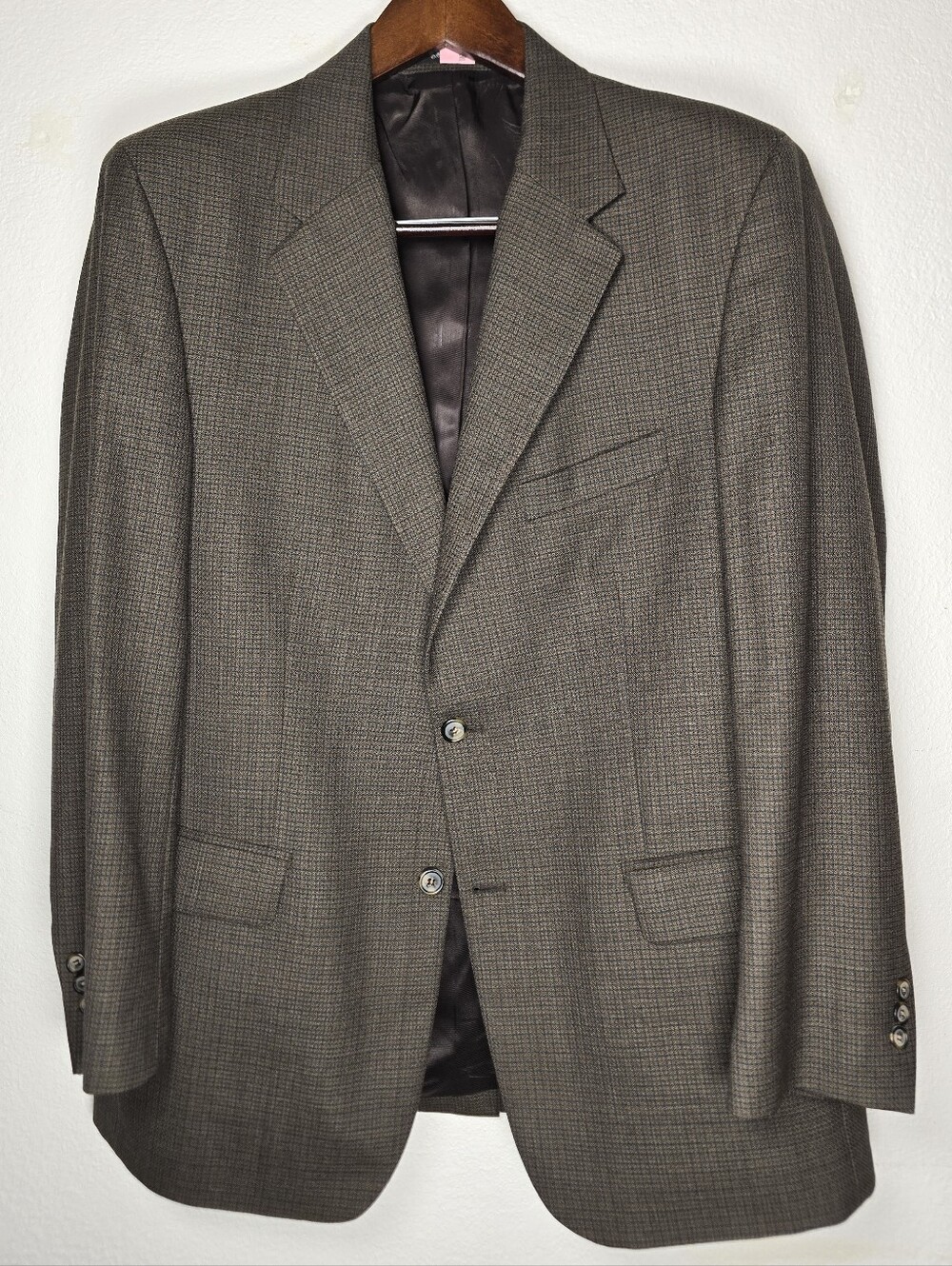 Datti Vintage 100% Pure New Wool Suit Jacket Blazer 42R Brown Micro-Check